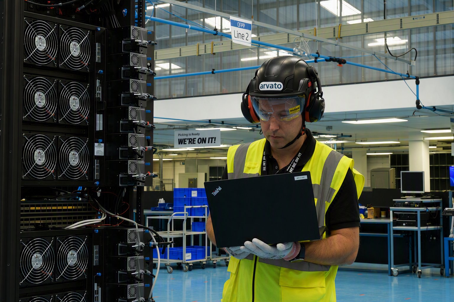 An Arvato Ireland technician checking a laptop beside a server rack on the integration floor