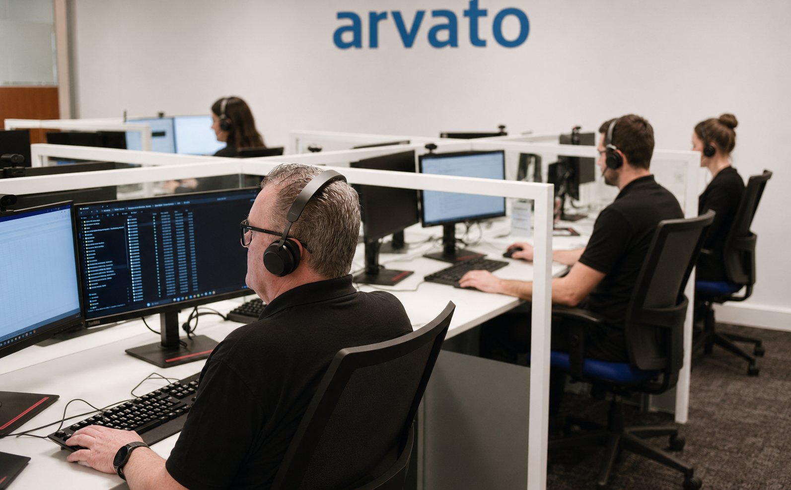 Arvato Ireland support team at their desks wearing headsets