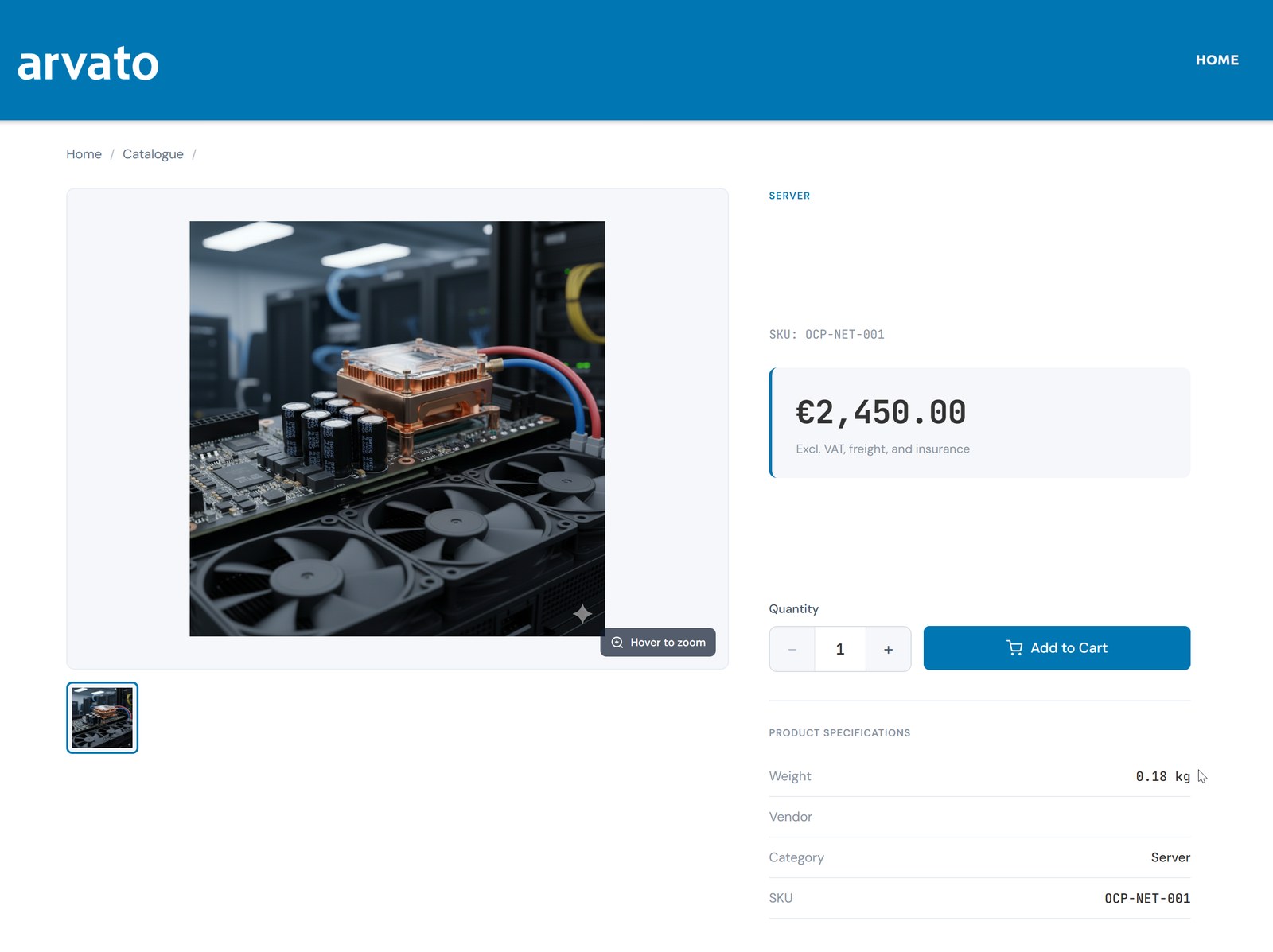 A product page on the platform showing the image gallery, price, quantity selector and specifications
