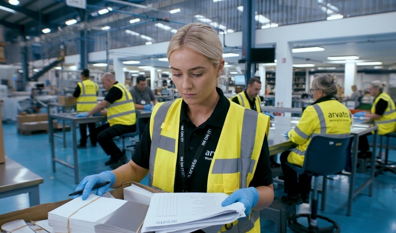 An Arvato operator checking build paperwork on the assembly floor in Swords